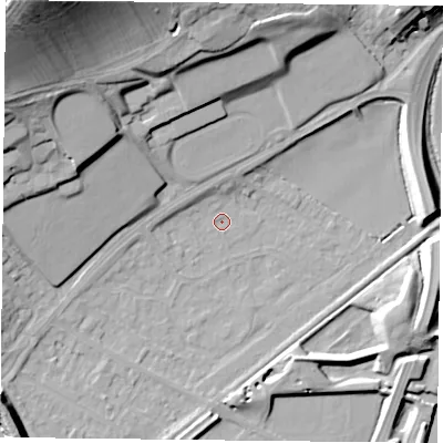 Shaded relief map of the ground around NG42RE, computed from Environment Agency LiDAR. The ground here sits at about 21 m above sea level and falls 42 m across the surrounding 800 m. Surface water reaching this point runs off ground lying to the north, 2.6 m higher.