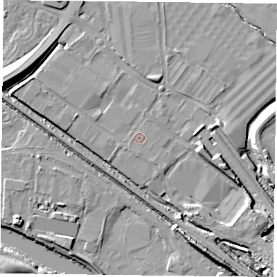 Shaded relief map of the ground around NG42SG, computed from Environment Agency LiDAR. The ground here sits at about 22 m above sea level and falls 12 m across the surrounding 800 m. Surface water reaching this point runs off ground lying to the south, 0.7 m higher.