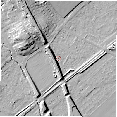 Shaded relief map of the ground around NG42SH, computed from Environment Agency LiDAR. The ground here sits at about 22 m above sea level and falls 15 m across the surrounding 800 m. Surface water reaching this point runs off ground lying to the north-west, 10.3 m higher.