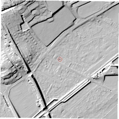 Shaded relief map of the ground around NG42SJ, computed from Environment Agency LiDAR. The ground here sits at about 21 m above sea level and falls 21 m across the surrounding 800 m. Surface water reaching this point runs off ground lying to the north-west, 17.4 m higher.
