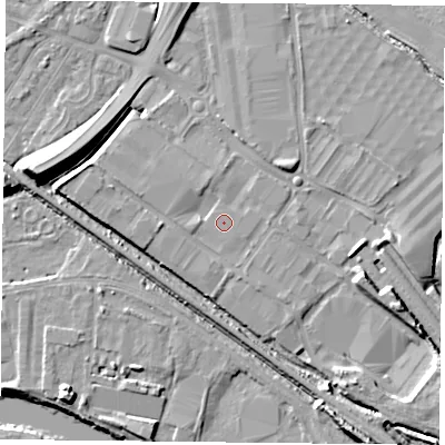 Shaded relief map of the ground around NG42SQ, computed from Environment Agency LiDAR. The ground here sits at about 22 m above sea level and falls 12 m across the surrounding 800 m. The ground contributing surface water to this point lies to the south.