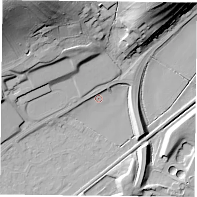 Shaded relief map of the ground around NG42SU, computed from Environment Agency LiDAR. The ground here sits at about 21 m above sea level and falls 51 m across the surrounding 800 m. Surface water reaching this point runs off ground lying to the north-north-west, 5.0 m higher.