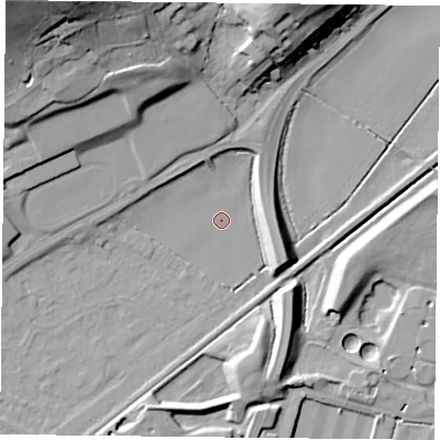 Shaded relief map of the ground around NG42SX, computed from Environment Agency LiDAR. The ground here sits at about 20 m above sea level and falls 38 m across the surrounding 800 m. Surface water reaching this point runs off ground lying to the west, 4.6 m higher.