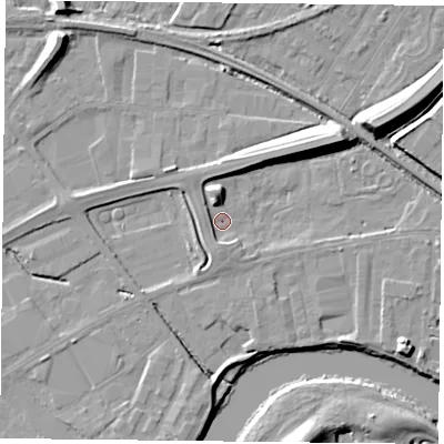 Shaded relief map of the ground around NG42SZ, computed from Environment Agency LiDAR. The ground here sits at about 20 m above sea level and falls 12 m across the surrounding 800 m. Surface water reaching this point runs off ground lying to the north-east, 9.4 m higher.