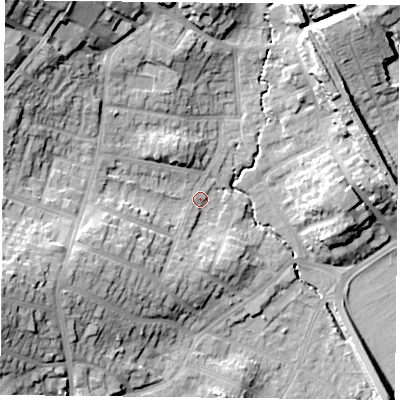 Shaded relief map of the ground around NG43FX, computed from Environment Agency LiDAR. The ground here sits at about 28 m above sea level and falls 28 m across the surrounding 800 m. Surface water reaching this point runs off ground lying to the west-south-west, 18.5 m higher.