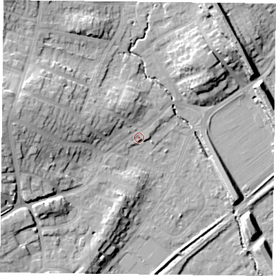 Shaded relief map of the ground around NG43GP, computed from Environment Agency LiDAR. The ground here sits at about 25 m above sea level and falls 19 m across the surrounding 800 m. Surface water reaching this point runs off ground lying to the west-north-west, 7.0 m higher.