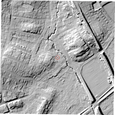 Shaded relief map of the ground around NG43GT, computed from Environment Agency LiDAR. The ground here sits at about 26 m above sea level and falls 18 m across the surrounding 800 m. Surface water reaching this point runs off ground lying to the west-south-west, 4.3 m higher.