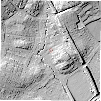 Shaded relief map of the ground around NG43GU, computed from Environment Agency LiDAR. The ground here sits at about 26 m above sea level and falls 24 m across the surrounding 800 m. Surface water reaching this point runs off ground lying to the north-north-east, 9.5 m higher.