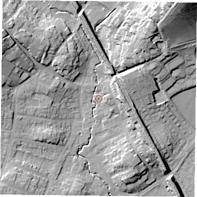 Shaded relief map of the ground around NG43HB, computed from Environment Agency LiDAR. The ground here sits at about 28 m above sea level and falls 40 m across the surrounding 800 m. Surface water reaching this point runs off ground lying to the north-east, 34.8 m higher.