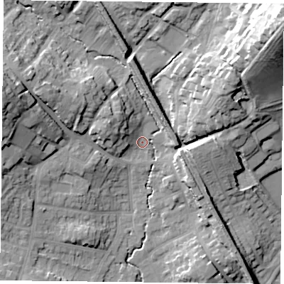 Shaded relief map of the ground around NG43HD, computed from Environment Agency LiDAR. The ground here sits at about 28 m above sea level and falls 44 m across the surrounding 800 m. Surface water reaching this point runs off ground lying to the north-east, 35.4 m higher.
