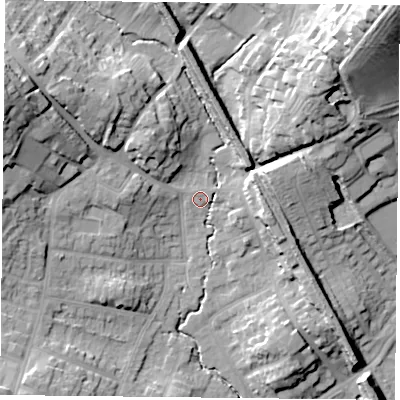 Shaded relief map of the ground around NG43HE, computed from Environment Agency LiDAR. The ground here sits at about 28 m above sea level and falls 43 m across the surrounding 800 m. Surface water reaching this point runs off ground lying to the north-east, 38.1 m higher.