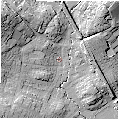Shaded relief map of the ground around NG43HH, computed from Environment Agency LiDAR. The ground here sits at about 26 m above sea level and falls 34 m across the surrounding 800 m. Surface water reaching this point runs off ground lying to the north-west, 29.7 m higher.