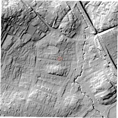 Shaded relief map of the ground around NG43HJ, computed from Environment Agency LiDAR. The ground here sits at about 31 m above sea level and falls 40 m across the surrounding 800 m. Surface water reaching this point runs off ground lying to the north-west, 33.1 m higher.