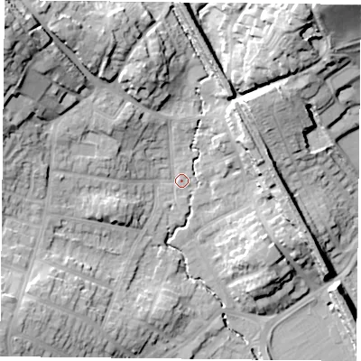 Shaded relief map of the ground around NG43HZ, computed from Environment Agency LiDAR. The ground here sits at about 26 m above sea level and falls 31 m across the surrounding 800 m. Surface water reaching this point runs off ground lying to the north-west, 27.6 m higher.