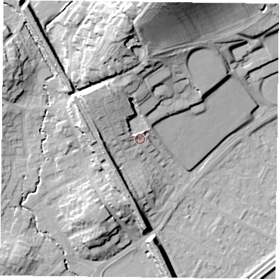 Shaded relief map of the ground around NG44AR, computed from Environment Agency LiDAR. The ground here sits at about 28 m above sea level and falls 36 m across the surrounding 800 m. Surface water reaching this point runs off ground lying to the north-north-west, 10.9 m higher.
