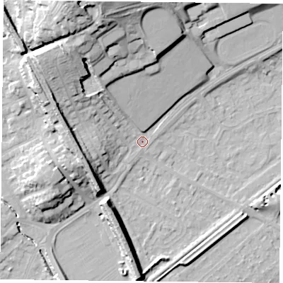 Shaded relief map of the ground around NG44AT, computed from Environment Agency LiDAR. The ground here sits at about 22 m above sea level and falls 26 m across the surrounding 800 m. Surface water reaching this point runs off ground lying to the north-north-west, 16.2 m higher.