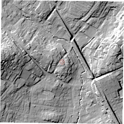 Shaded relief map of the ground around NG44BJ, computed from Environment Agency LiDAR. The ground here sits at about 37 m above sea level and falls 35 m across the surrounding 800 m. Surface water reaching this point runs off ground lying to the west-north-west, 5.1 m higher.