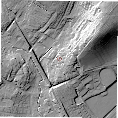 Shaded relief map of the ground around NG44BP, computed from Environment Agency LiDAR. The ground here sits at about 39 m above sea level and falls 52 m across the surrounding 800 m. Surface water reaching this point runs off ground lying to the east, 12.2 m higher.