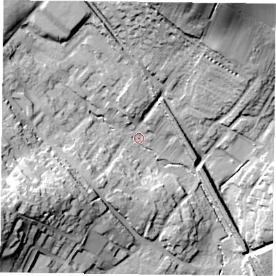 Shaded relief map of the ground around NG44BQ, computed from Environment Agency LiDAR. The ground here sits at about 31 m above sea level and falls 46 m across the surrounding 800 m. Surface water reaching this point runs off ground lying to the north-north-east, 41.3 m higher.
