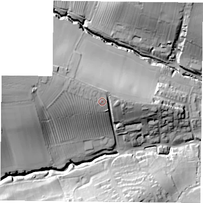 Shaded relief map of the ground around NG44QF, computed from Environment Agency LiDAR. The ground here sits at about 75 m above sea level and falls 35 m across the surrounding 800 m. Surface water reaching this point runs off ground lying to the north-west, 3.1 m higher.