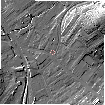 Shaded relief map of the ground around NG51FL, computed from Environment Agency LiDAR. The ground here sits at about 40 m above sea level and falls 35 m across the surrounding 800 m. Surface water reaching this point runs off ground lying to the north-north-east, 3.2 m higher.