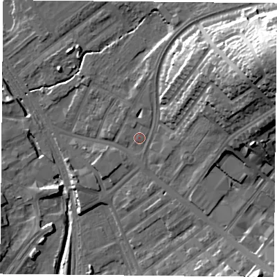 Shaded relief map of the ground around NG51GR, computed from Environment Agency LiDAR. The ground here sits at about 40 m above sea level and falls 35 m across the surrounding 800 m. Surface water reaching this point runs off ground lying to the north-north-east, 2.7 m higher.