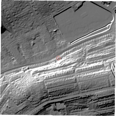 Shaded relief map of the ground around NG51HP, computed from Environment Agency LiDAR. The ground here sits at about 46 m above sea level and falls 37 m across the surrounding 800 m. Surface water reaching this point runs off ground lying to the east-south-east, 32.7 m higher.