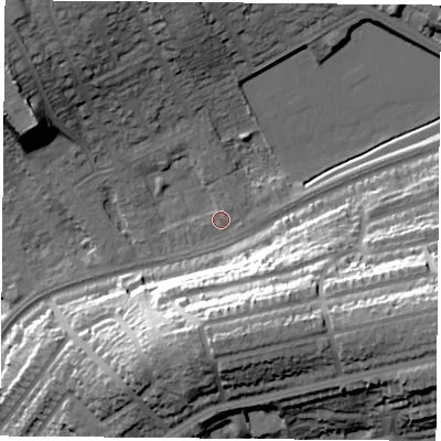 Shaded relief map of the ground around NG51HQ, computed from Environment Agency LiDAR. The ground here sits at about 44 m above sea level and falls 35 m across the surrounding 800 m. Surface water reaching this point runs off ground lying to the north-north-west, 13.4 m higher.