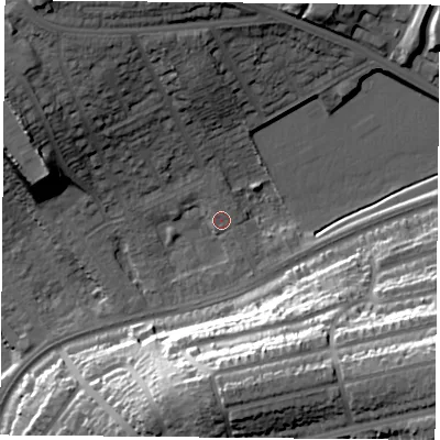 Shaded relief map of the ground around NG51HR, computed from Environment Agency LiDAR. The ground here sits at about 44 m above sea level and falls 36 m across the surrounding 800 m. Surface water reaching this point runs off ground lying to the north-west, 15.4 m higher.