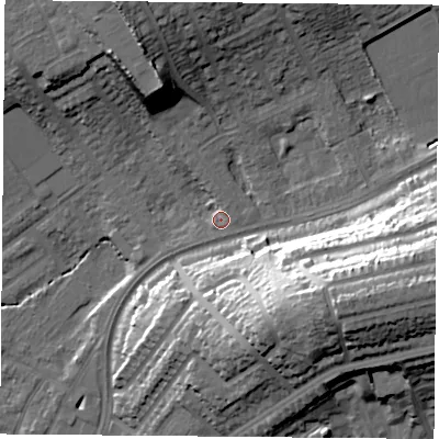 Shaded relief map of the ground around NG51HW, computed from Environment Agency LiDAR. The ground here sits at about 42 m above sea level and falls 35 m across the surrounding 800 m. Surface water reaching this point runs off ground lying to the north-north-west, 19.3 m higher.