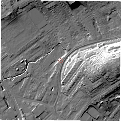 Shaded relief map of the ground around NG51HY, computed from Environment Agency LiDAR. The ground here sits at about 42 m above sea level and falls 37 m across the surrounding 800 m. Surface water reaching this point runs off ground lying to the east-north-east, 3.0 m higher.