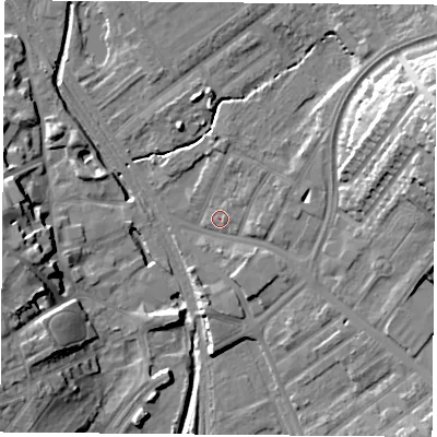 Shaded relief map of the ground around NG51JA, computed from Environment Agency LiDAR. The ground here sits at about 38 m above sea level and falls 23 m across the surrounding 800 m. Surface water reaching this point runs off ground lying to the north-east, 4.7 m higher.