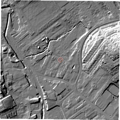 Shaded relief map of the ground around NG51JR, computed from Environment Agency LiDAR. The ground here sits at about 40 m above sea level and falls 29 m across the surrounding 800 m. Surface water reaching this point runs off ground lying to the east, 0.8 m higher.