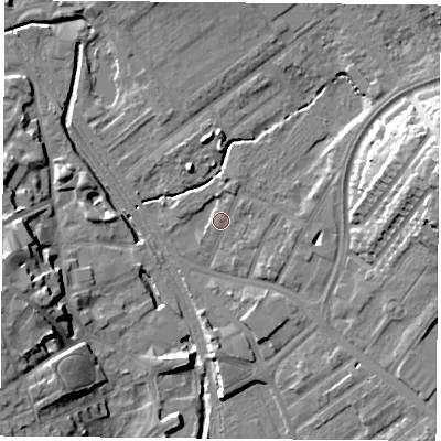 Shaded relief map of the ground around NG51JS, computed from Environment Agency LiDAR. The ground here sits at about 39 m above sea level and falls 22 m across the surrounding 800 m. Surface water reaching this point runs off ground lying to the east, 1.9 m higher.