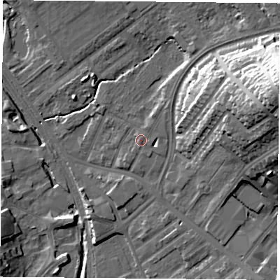 Shaded relief map of the ground around NG51JU, computed from Environment Agency LiDAR. The ground here sits at about 41 m above sea level and falls 32 m across the surrounding 800 m. Surface water reaching this point runs off ground lying to the north-east, 4.1 m higher.