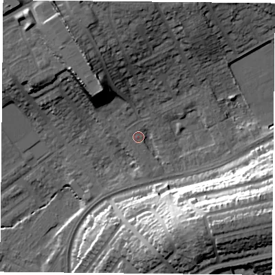 Shaded relief map of the ground around NG51LZ, computed from Environment Agency LiDAR. The ground here sits at about 43 m above sea level and falls 35 m across the surrounding 800 m. Surface water reaching this point runs off ground lying to the north-north-west, 16.6 m higher.
