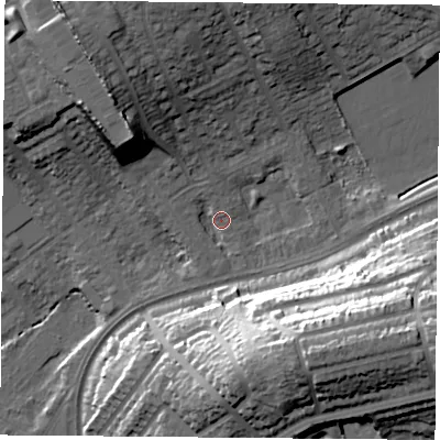 Shaded relief map of the ground around NG51NS, computed from Environment Agency LiDAR. The ground here sits at about 43 m above sea level and falls 35 m across the surrounding 800 m. Surface water reaching this point runs off ground lying to the north-north-west, 2.6 m higher.