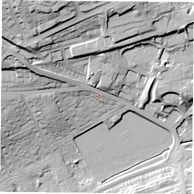 Shaded relief map of the ground around NG51NX, computed from Environment Agency LiDAR. The ground here sits at about 52 m above sea level and falls 35 m across the surrounding 800 m. Surface water reaching this point runs off ground lying to the north-west, 3.2 m higher.