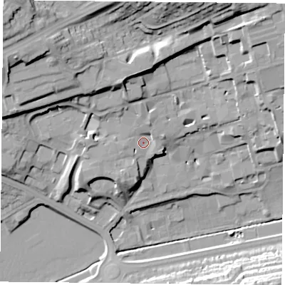 Shaded relief map of the ground around NG51PB, computed from Environment Agency LiDAR. The ground here sits at about 57 m above sea level and falls 33 m across the surrounding 800 m. Surface water reaching this point runs off ground lying to the west-south-west, 3.8 m higher.
