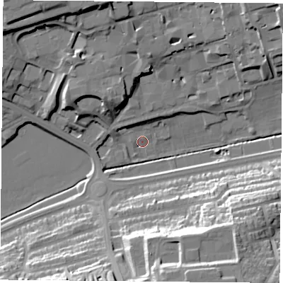 Shaded relief map of the ground around NG51PJ, computed from Environment Agency LiDAR. The ground here sits at about 48 m above sea level and falls 34 m across the surrounding 800 m. Surface water reaching this point runs off ground lying to the north-north-west, 13.9 m higher.
