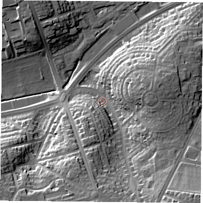Shaded relief map of the ground around NG53EN, computed from Environment Agency LiDAR. The ground here sits at about 56 m above sea level and falls 38 m across the surrounding 800 m. Surface water reaching this point runs off ground lying to the south-south-east, 25.1 m higher.