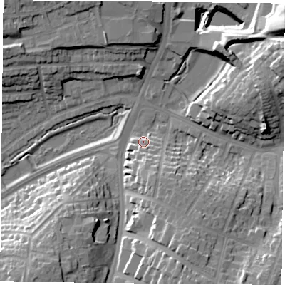 Shaded relief map of the ground around NG53FH, computed from Environment Agency LiDAR. The ground here sits at about 59 m above sea level and falls 26 m across the surrounding 800 m. Surface water reaching this point runs off ground lying to the south-south-east, 8.8 m higher.