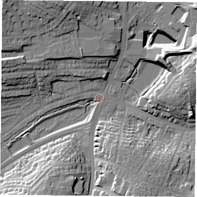 Shaded relief map of the ground around NG53GE, computed from Environment Agency LiDAR. The ground here sits at about 56 m above sea level and falls 23 m across the surrounding 800 m. Surface water reaching this point runs off ground lying to the east-north-east, 18.8 m higher.