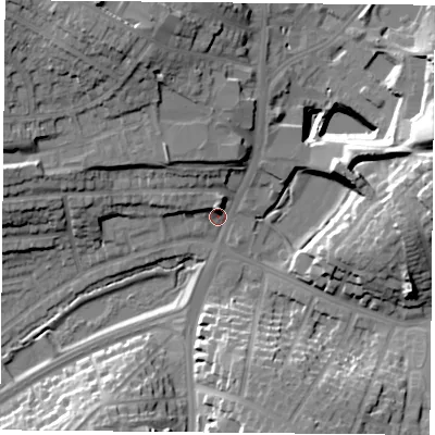 Shaded relief map of the ground around NG53GF, computed from Environment Agency LiDAR. The ground here sits at about 57 m above sea level and falls 25 m across the surrounding 800 m. Surface water reaching this point runs off ground lying to the north-north-west, 15.8 m higher.
