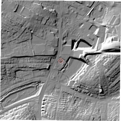 Shaded relief map of the ground around NG53GG, computed from Environment Agency LiDAR. The ground here sits at about 59 m above sea level and falls 29 m across the surrounding 800 m. Surface water reaching this point runs off ground lying to the north-north-west, 7.1 m higher.