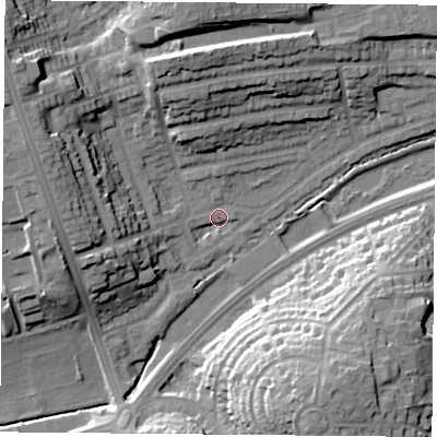 Shaded relief map of the ground around NG53GW, computed from Environment Agency LiDAR. The ground here sits at about 53 m above sea level and falls 27 m across the surrounding 800 m. Surface water reaching this point runs off ground lying to the west-north-west, 16.5 m higher.
