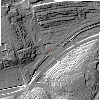 Shaded relief map of the ground around NG53GX, computed from Environment Agency LiDAR. The ground here sits at about 52 m above sea level and falls 27 m across the surrounding 800 m. Surface water reaching this point runs off ground lying to the north-west, 19.9 m higher.