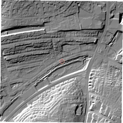 Shaded relief map of the ground around NG53GY, computed from Environment Agency LiDAR. The ground here sits at about 55 m above sea level and falls 26 m across the surrounding 800 m. Surface water reaching this point runs off ground lying to the north-north-east, 11.5 m higher.