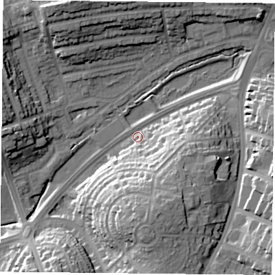 Shaded relief map of the ground around NG53HR, computed from Environment Agency LiDAR. The ground here sits at about 54 m above sea level and falls 26 m across the surrounding 800 m. Surface water reaching this point runs off ground lying to the south-south-east, 21.3 m higher.