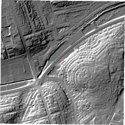 Shaded relief map of the ground around NG53HT, computed from Environment Agency LiDAR. The ground here sits at about 54 m above sea level and falls 28 m across the surrounding 800 m. Surface water reaching this point runs off ground lying to the east-south-east, 23.0 m higher.